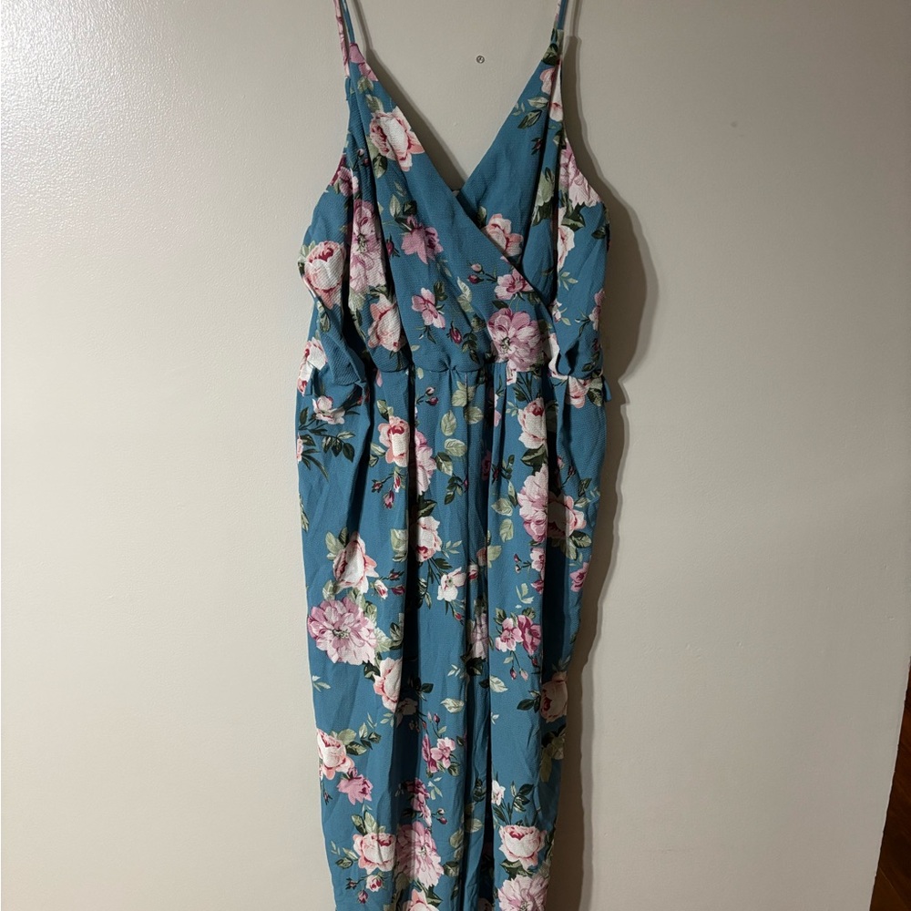 Blue Spaghetti Strap Jumpsuit with Roses for Wedding Guest or Casual Wear